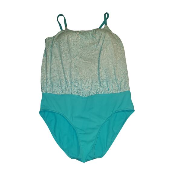 Lands End Size 12T Tall Long Women's Paisley One Piece Full Swimsuit Aqua Padded - Picture 1 of 9
